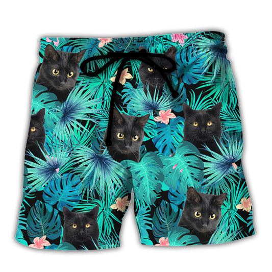 Black Cat Lover Tropical Leaf Style Beach Shorts For Island Getaways And Comfort