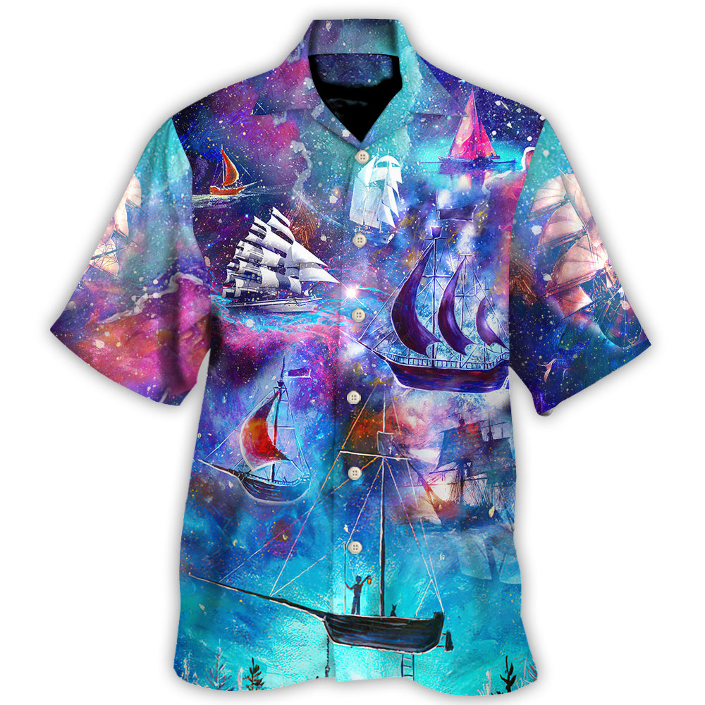 Boat Sailing Ocean Universe Hawaiian Shirt Artwork Detail For Resort Trips And Outdoor Activities