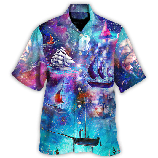 Boat Sailing Ocean Universe Hawaiian Shirt Artwork Detail For Resort Trips And Outdoor Activities