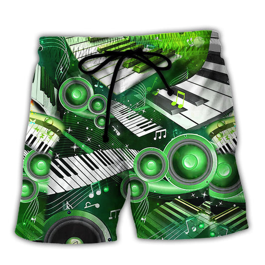 Green Piano Music Beach Shorts For Oceanfront Escapes And Bright Seasonal Outfits