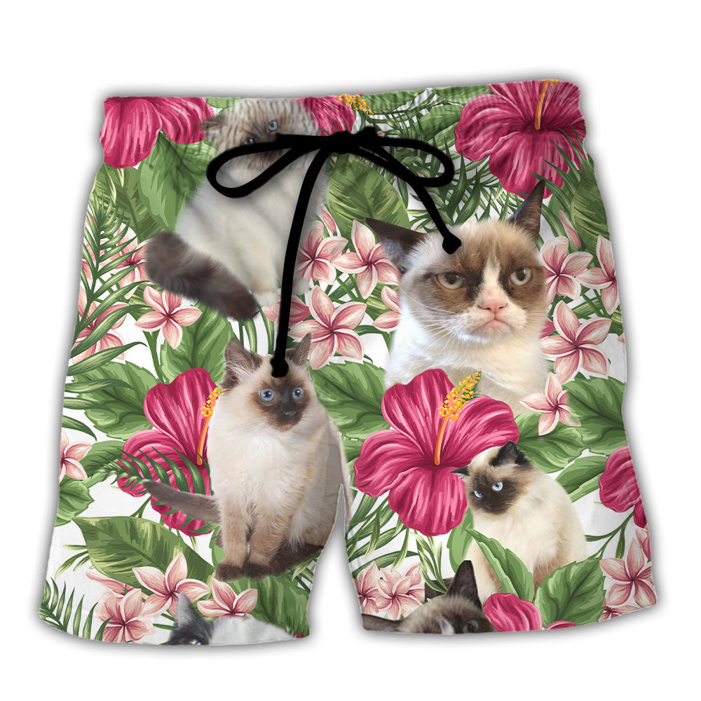 Siamese Cat Tropical Floral Lovely Style Beach Shorts For Coastal Summer Adventures