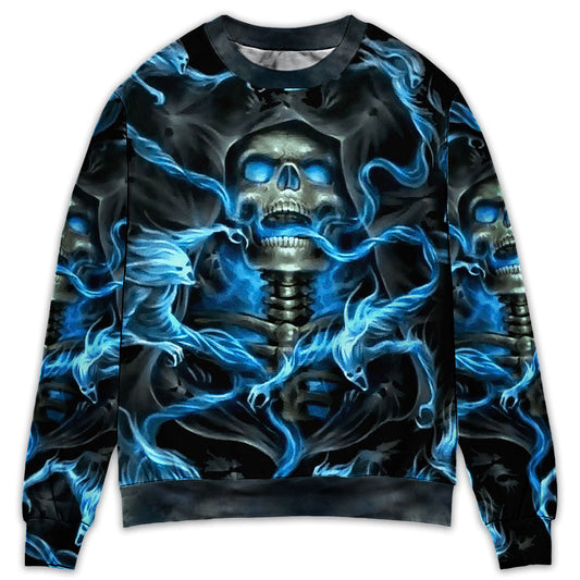 Blue Smoke Flaming Skull Sweater For Casual Wear Parties And Thoughtful Gifting