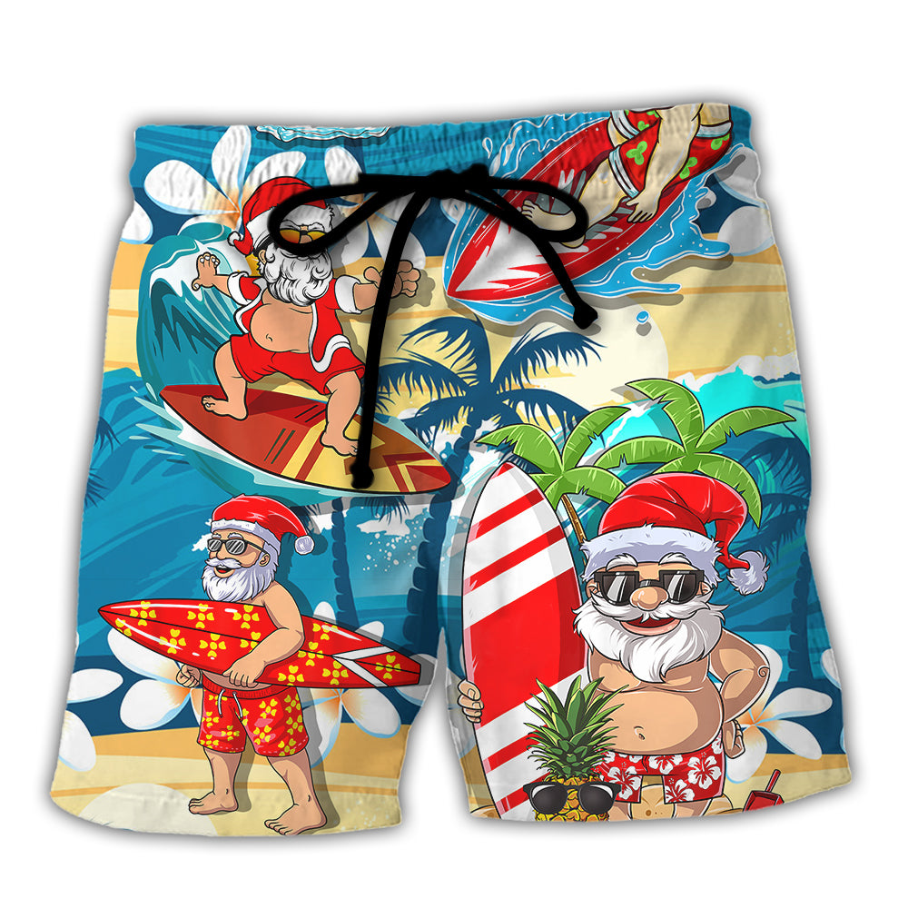 Surfing Santa Hawaiian Christmas Surf Vibe Beach Shorts For Christmas Getaways