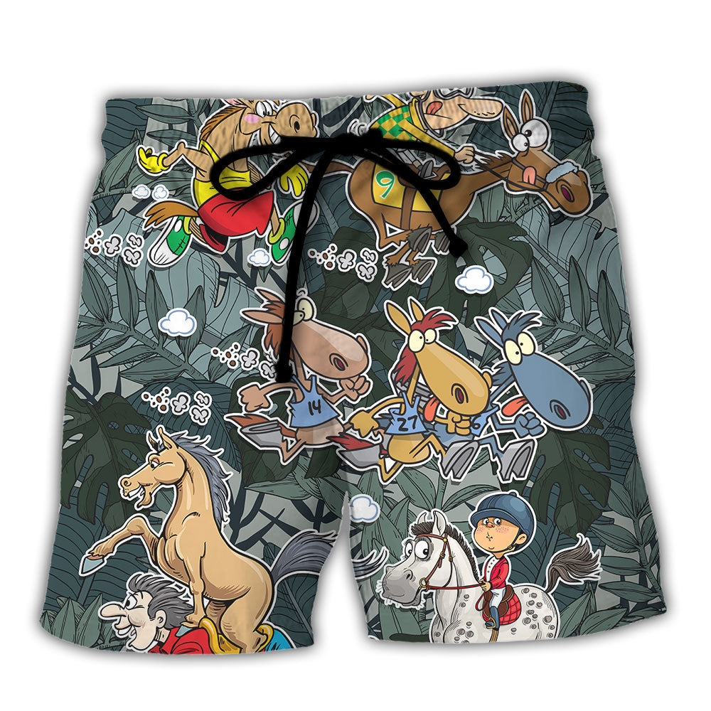 Horse Racing Funny Art Style Beach Shorts For Outdoor Adventures And Comfort