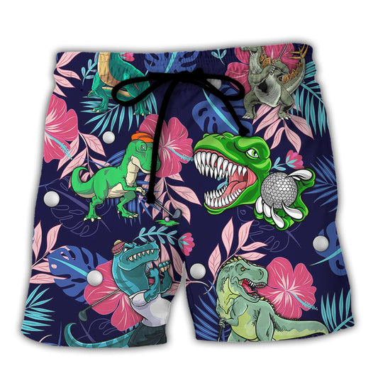 Golf Dinosaur Playing Golf Funny Back Nine Joke Beach Shorts For Game Day Getaways