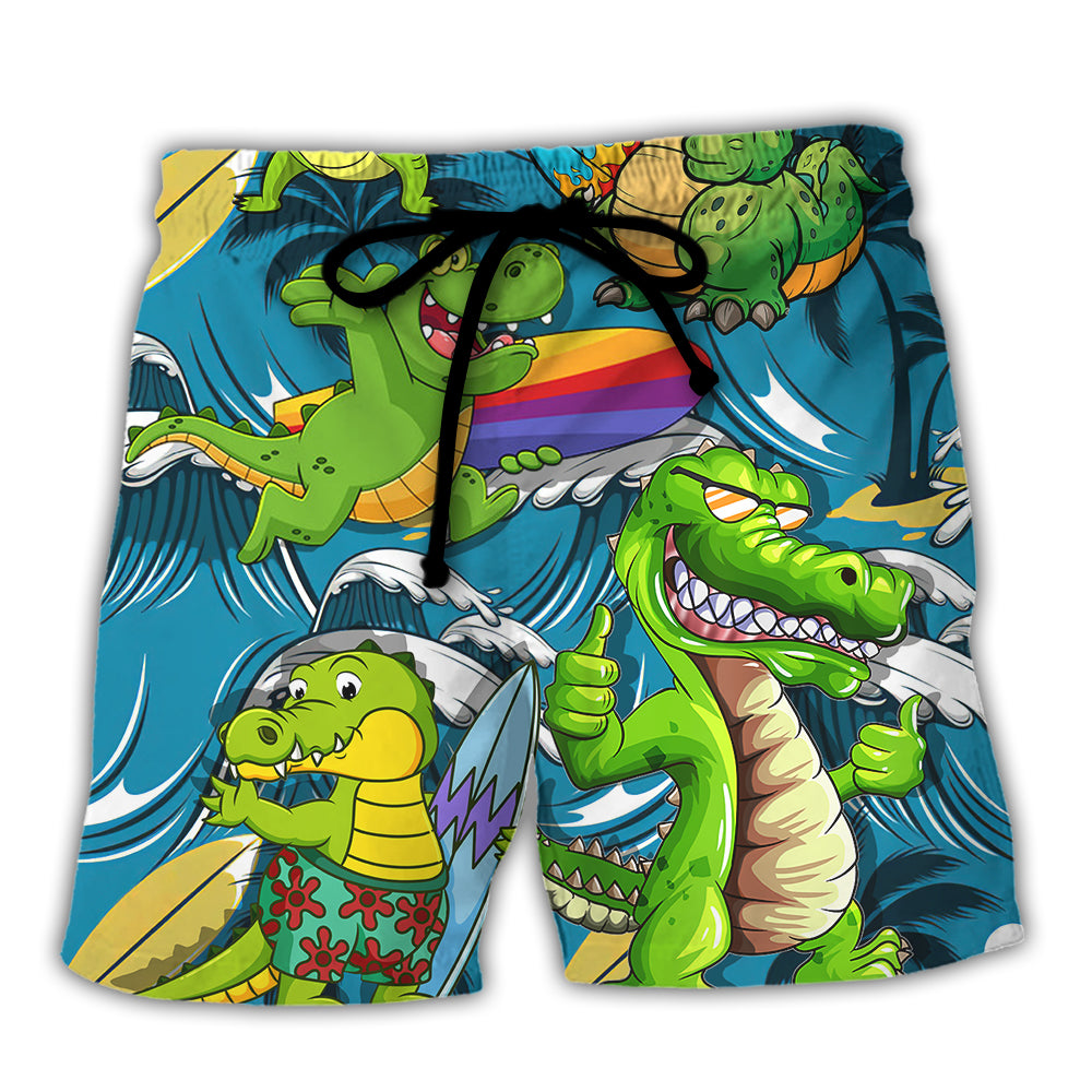 Surfing Crocodile Learn To Surf Wave Humor Beach Shorts For Ocean Lover Vacation Wear