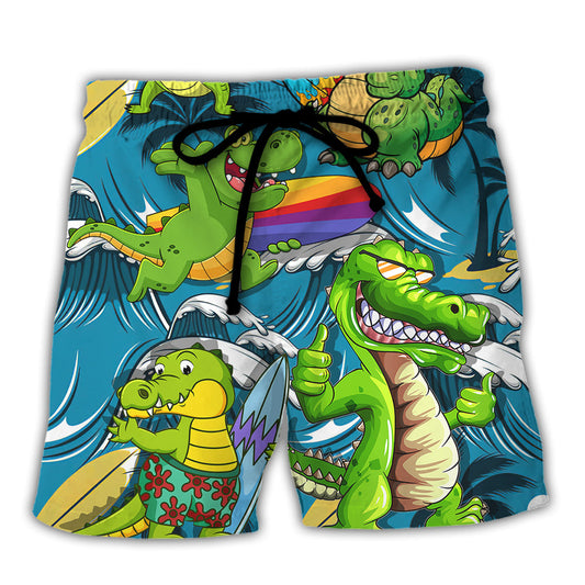 Surfing Crocodile Wave Beach Shorts For Casual Day Trips And Bright Seasonal Outfits