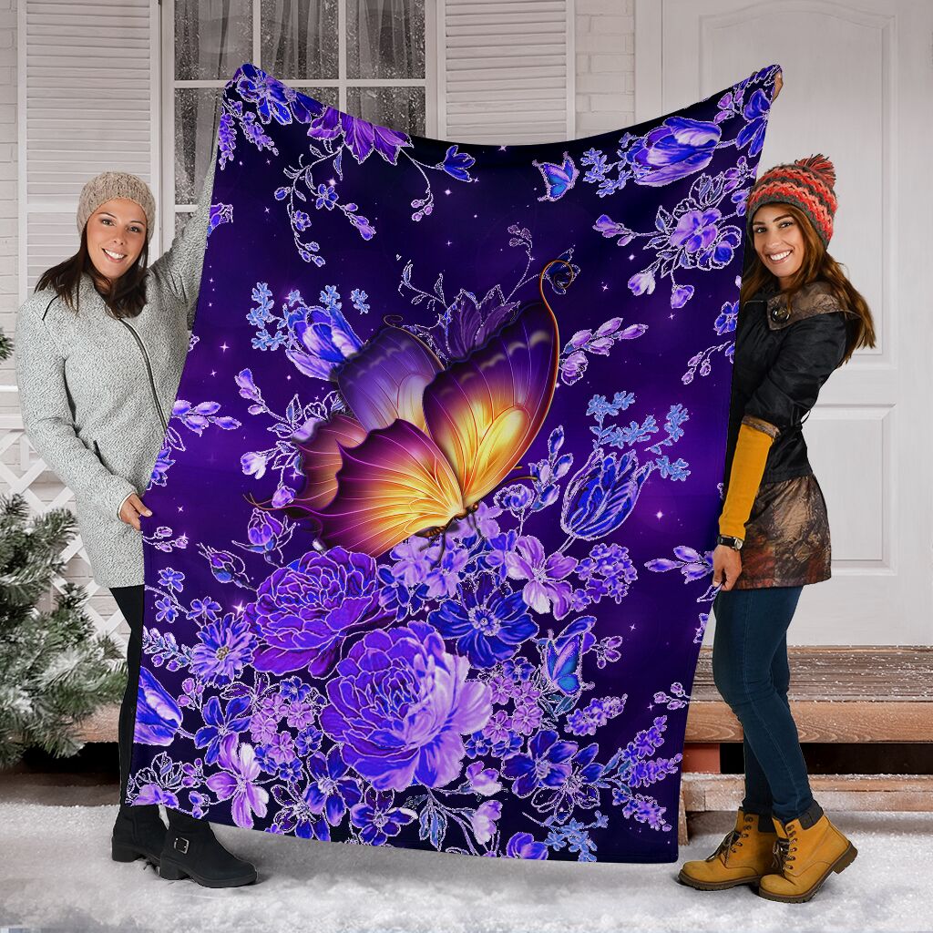 Butterfly With Purple Flowers Flannel Blanket For Cozy Bedroom Sofa Decor