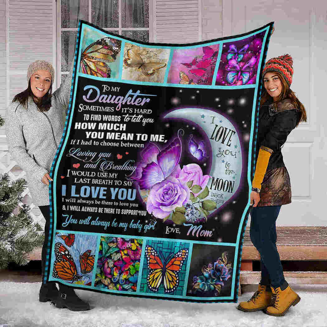 Butterfly To My Daughter Love Mom Moon Flannel Blanket For Cozy Bedroom Sofa Decor