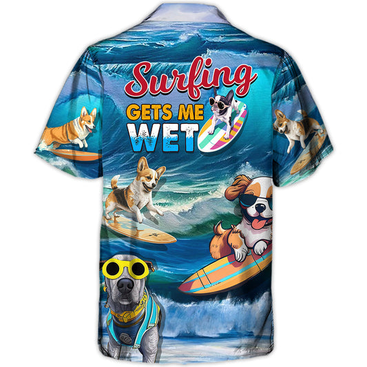 Funny Surfing Dog Beach Hawaiian Shirt Front Pattern View For Warm Weather Events