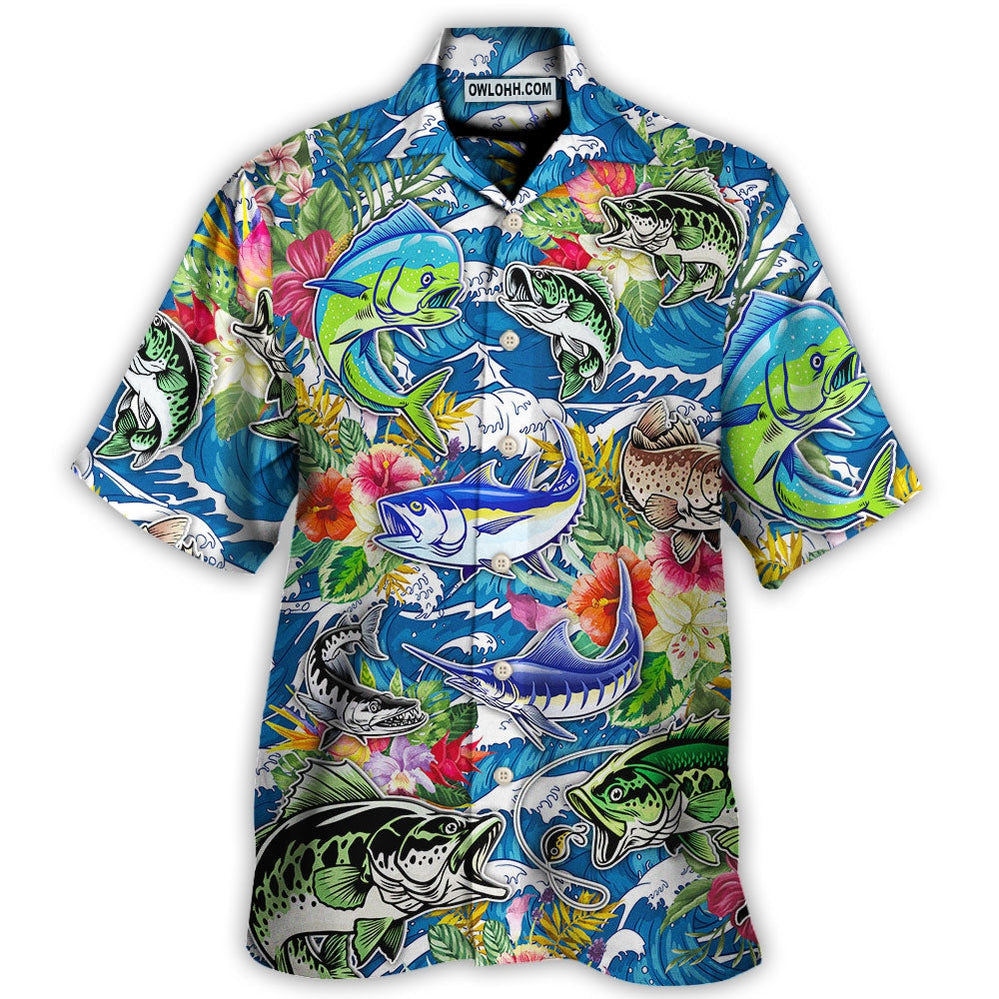 Tropical Coastal Fishing Activity Hawaiian Shirt Collar And Front View For Weekend Trips