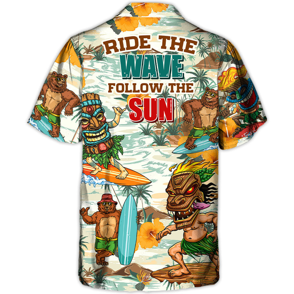 Funny Surfing Bear Hawaiian Shirt Fabric Pattern Detail For Resort Wear