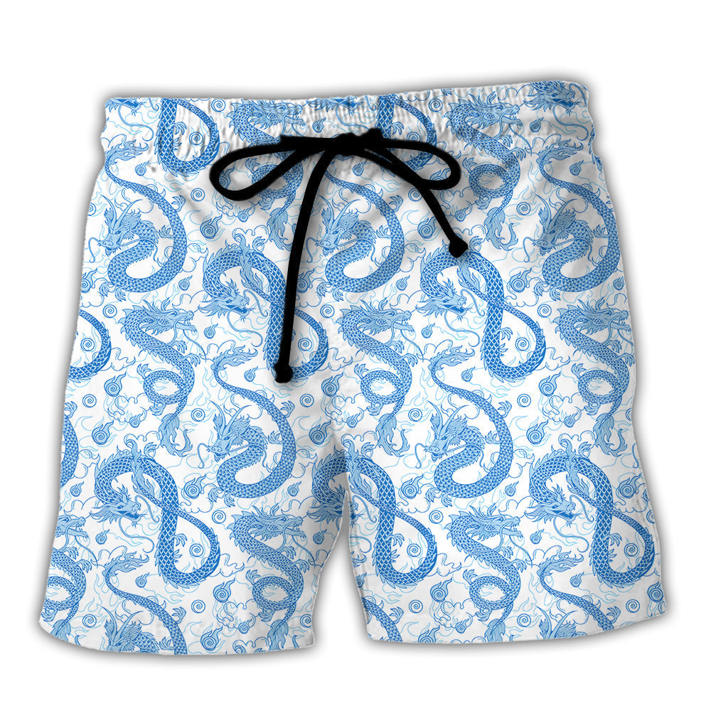 Blue White Fantasy Roleplaying Dragon Beach Shorts For Warm Weather Outings And Travel Ready Comfort