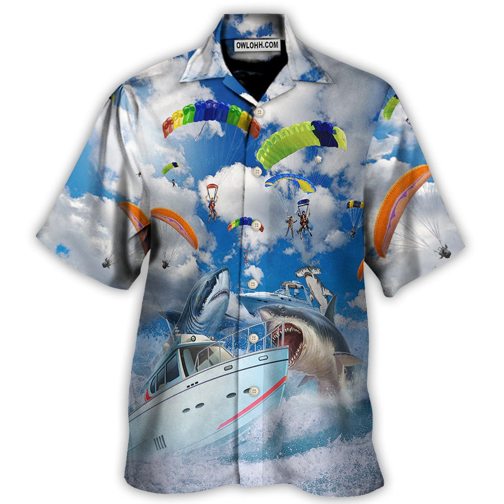 Parasailing Shark Hawaiian Shirt Graphic Artwork Detail For Tropical Vacations