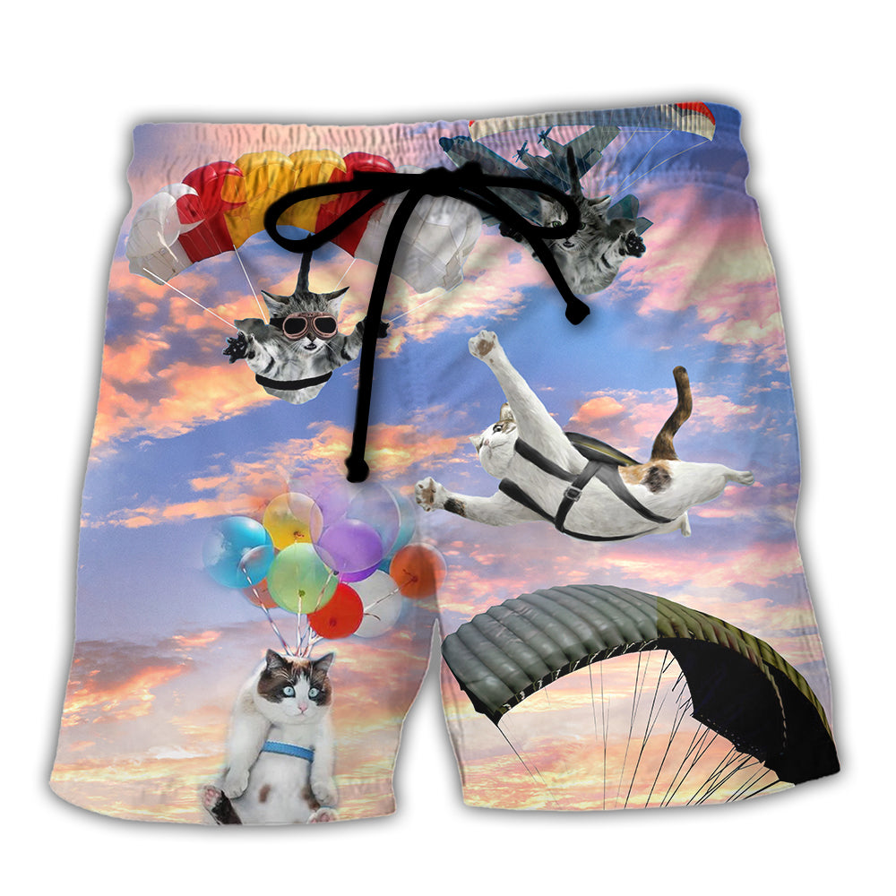 Parasailing Cat Beach Shorts For Summer Vacations And Bright Seasonal Outfits