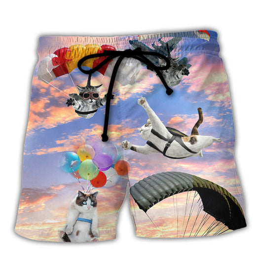Parasailing Cat Beach Shorts For Summer Vacations And Bright Seasonal Outfits