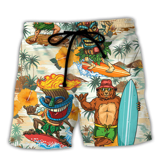 Surfing Bear And Tiki Ride The Wave Follow The Beach Shorts For Beach Days And Coastal Travel