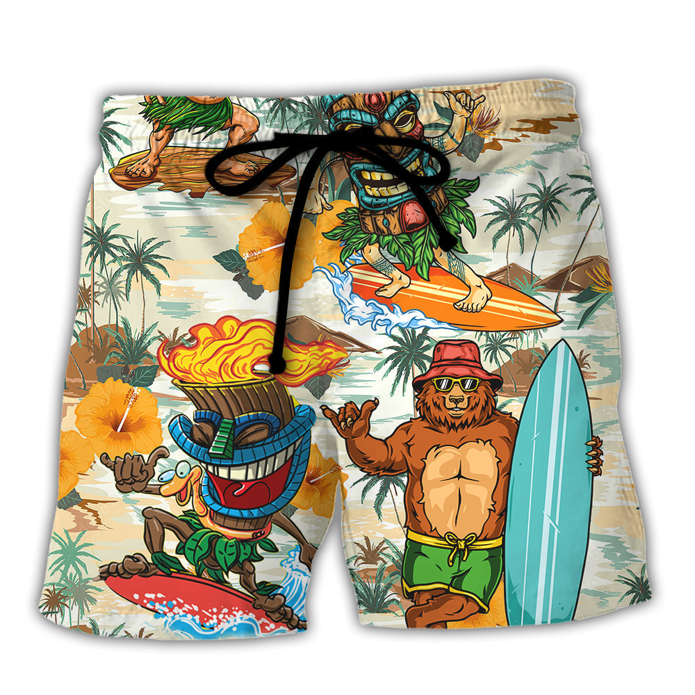 Tiki Surfing Bear Wave Beach Shorts For Summer Vacations And Bright Seasonal Outfits