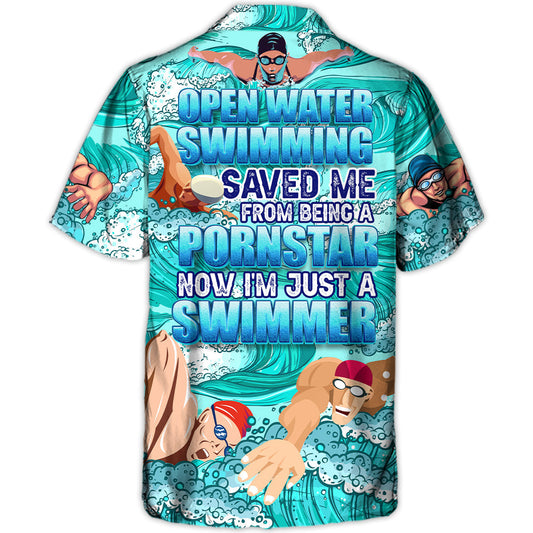 Open Water Swimming Swimmer Hawaiian Shirt Design View For Casual Summer Styling