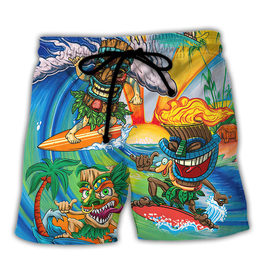 Surfing Tiki Show Me Your Tikis Funny Surf Theme Beach Shorts For Resort Trips And Poolside Style