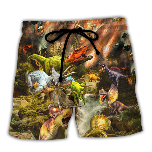 Dinosaur War Scene Art Style Beach Shorts For Wildlife Inspired Summer Style