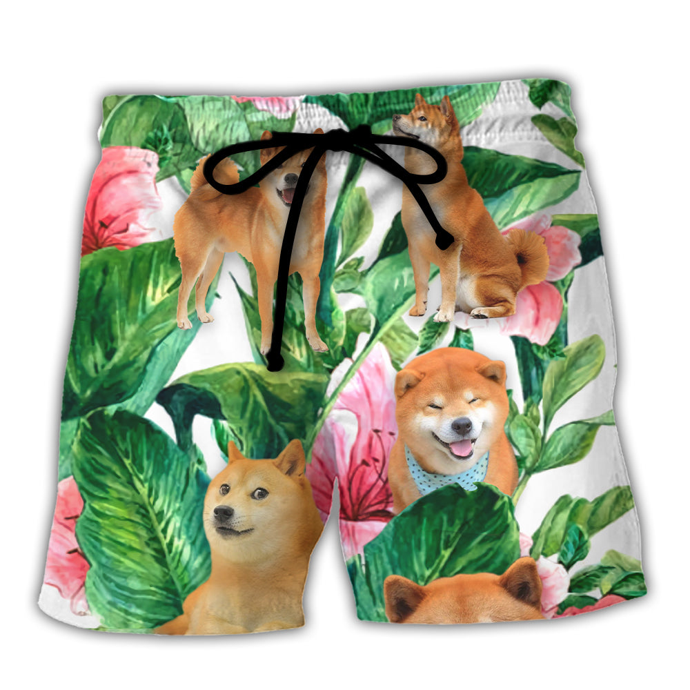 Shiba Inu Leaf Floral Tropical Style Beach Shorts For Coastal Summer Adventures