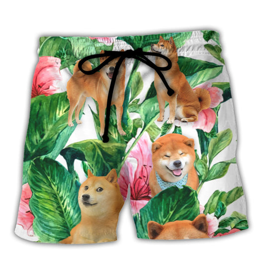 Tropical Leaf Floral Shiba Inu Beach Shorts For Resort Getaways And Weekend Casual Style