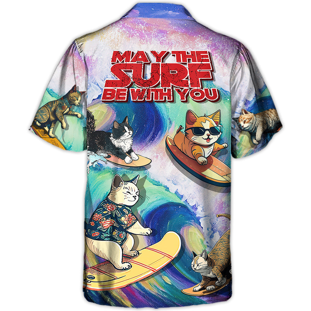 Funny Surfing Cat Surf Hawaiian Shirt Collar And Front View For Vacation Style