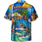 Funny Surfing Dinosaur Hawaiian Shirt Print Closeup For Summer Travel