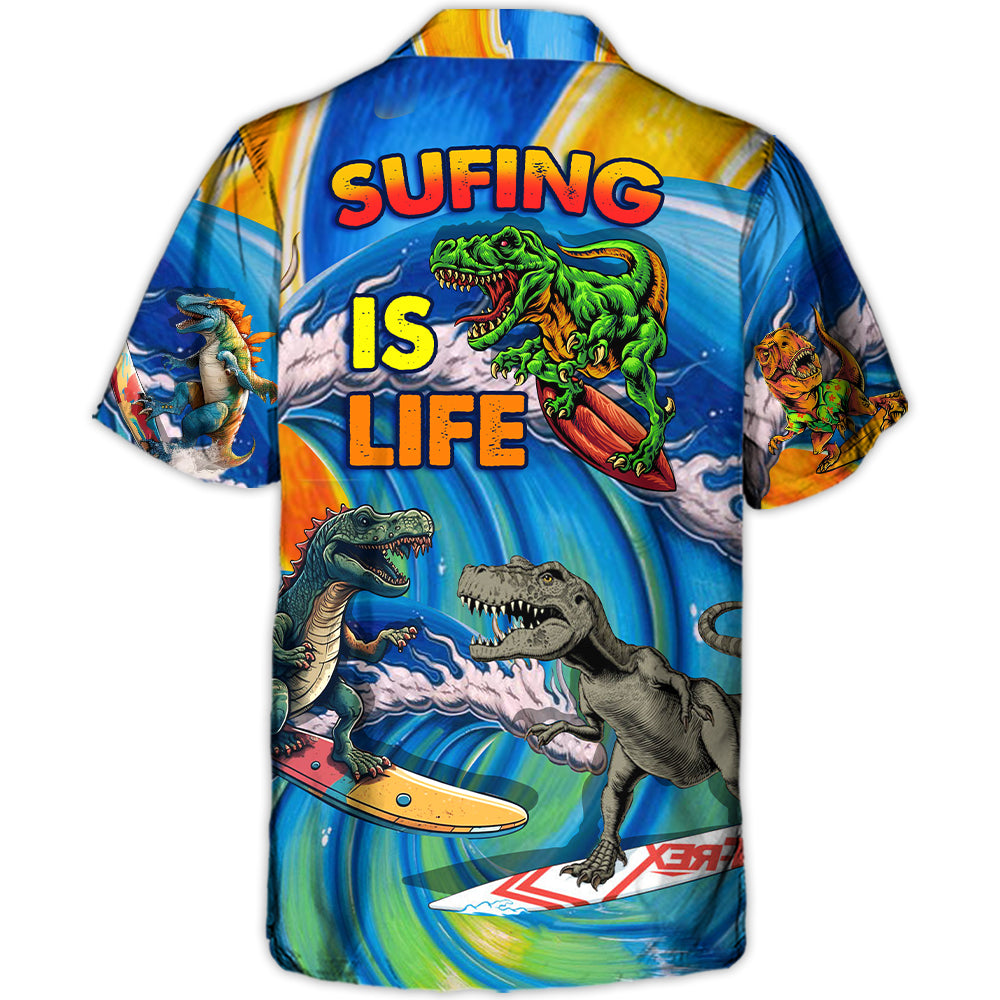 Funny Surfing Dinosaur Hawaiian Shirt Print Closeup For Summer Travel