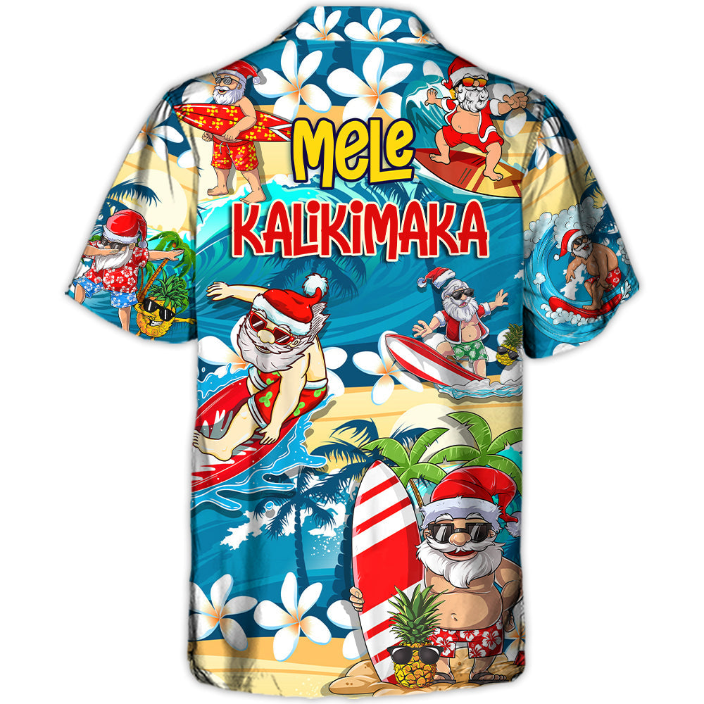 Island Surfing Santa Christmas July Hawaiian Shirt Front Pattern View For Tropical Vacations