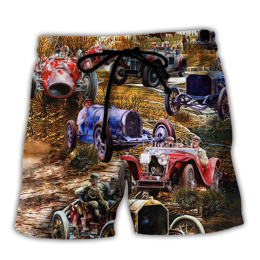 Vintage Classic Car Art Style Beach Shorts For Coastal Drives And Casual Style