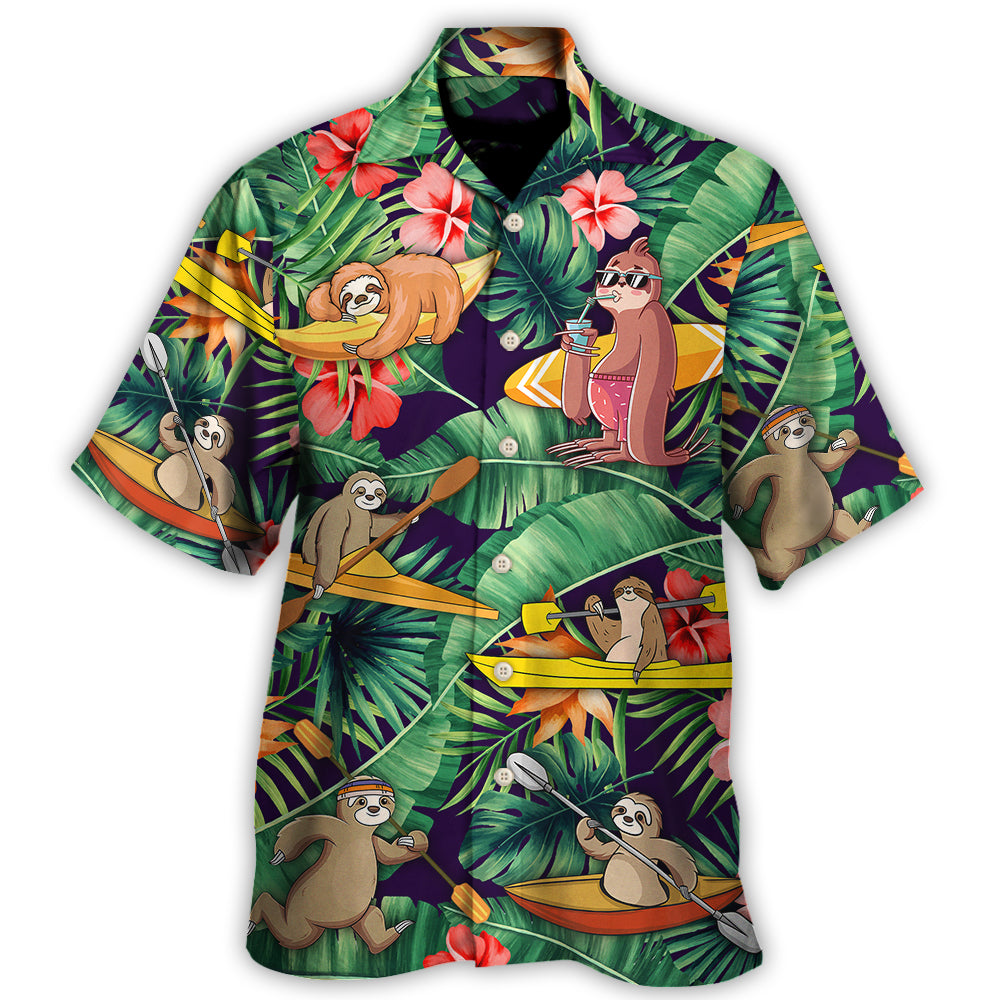 Tropical Funny Kayaking Sloth Hawaiian Shirt Detailed Pattern View For Coastal Travel