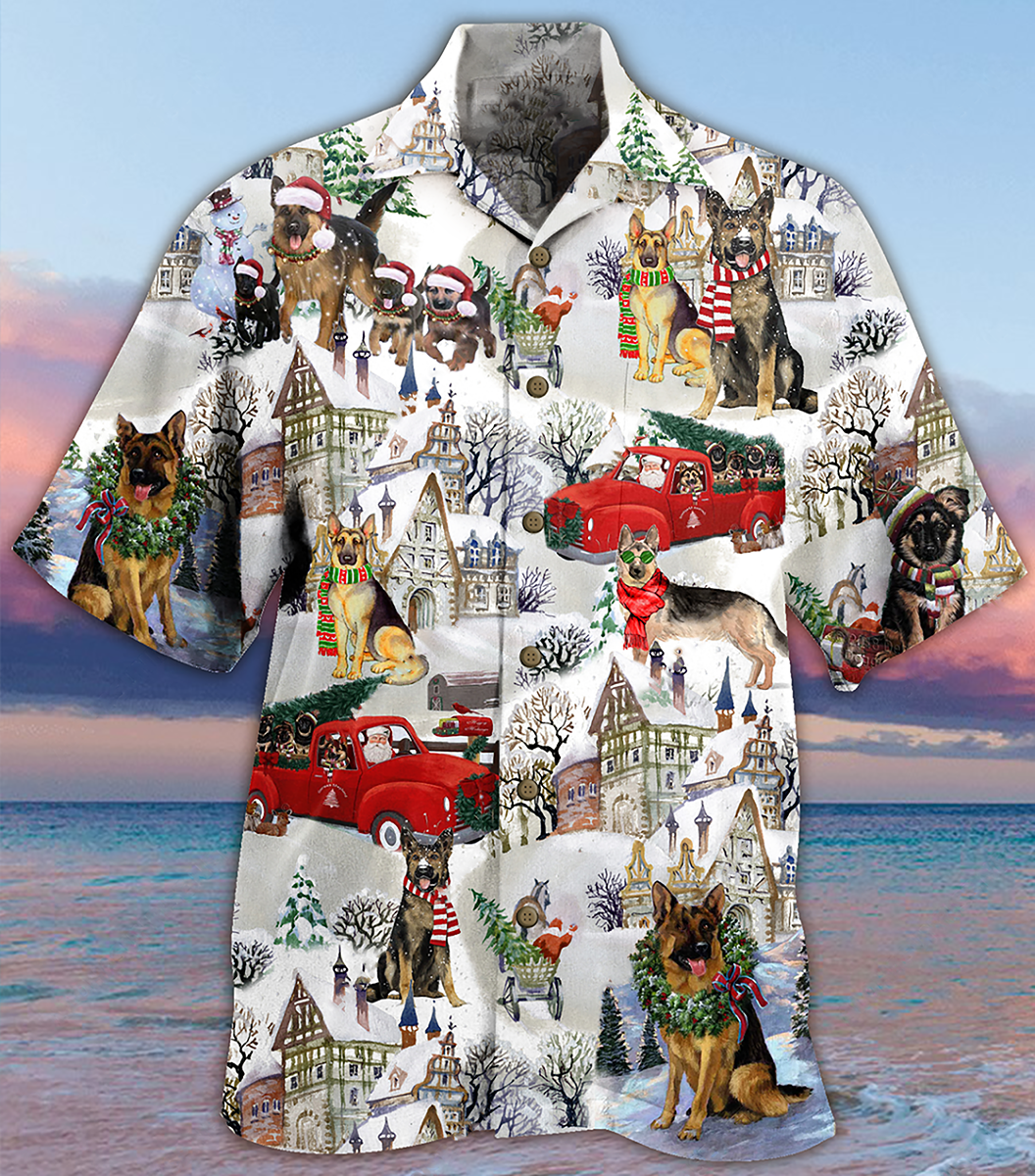 German Shepherd Dogs Snowy Christmas Theme Hawaiian Shirt For Coastal Adventures And Warm Weather Wear