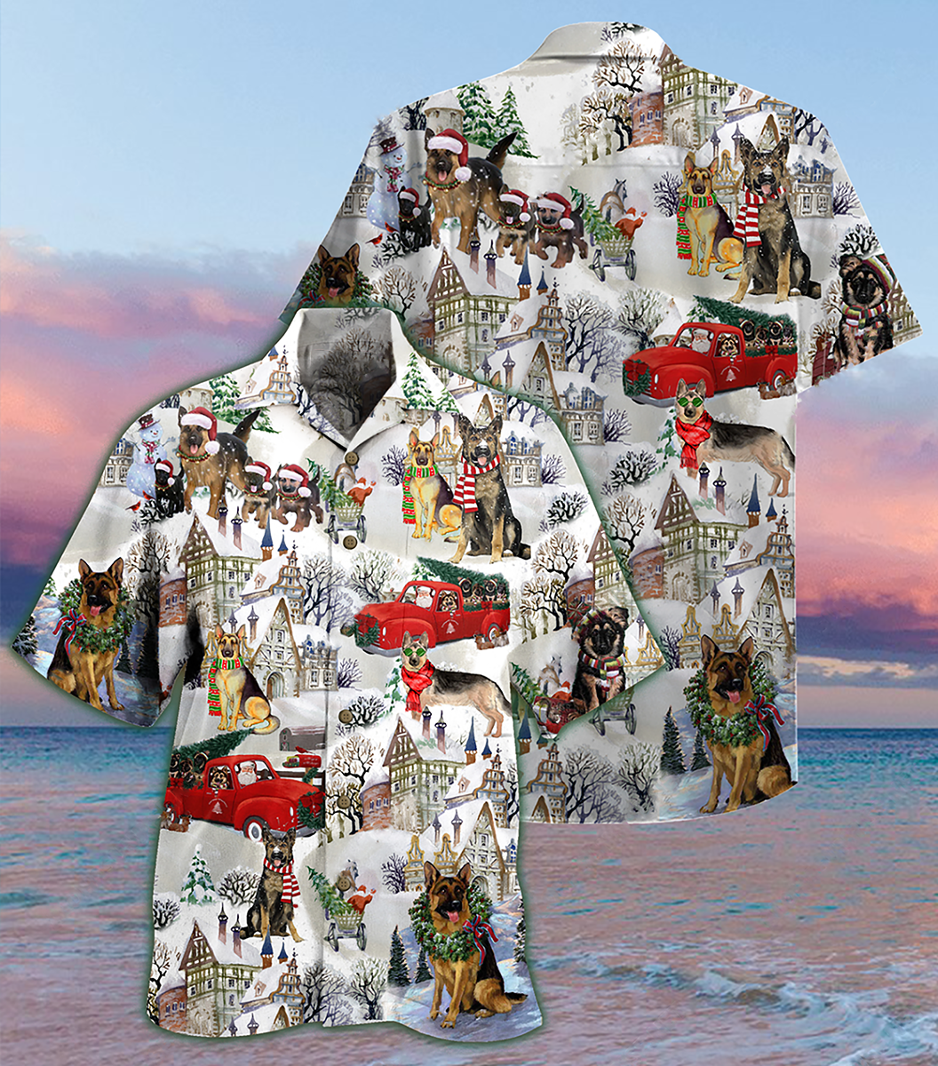 German Shepherd Dogs Snowy Christmas Theme Hawaiian Shirt Design View For Resort Travel And Thoughtful Gifting