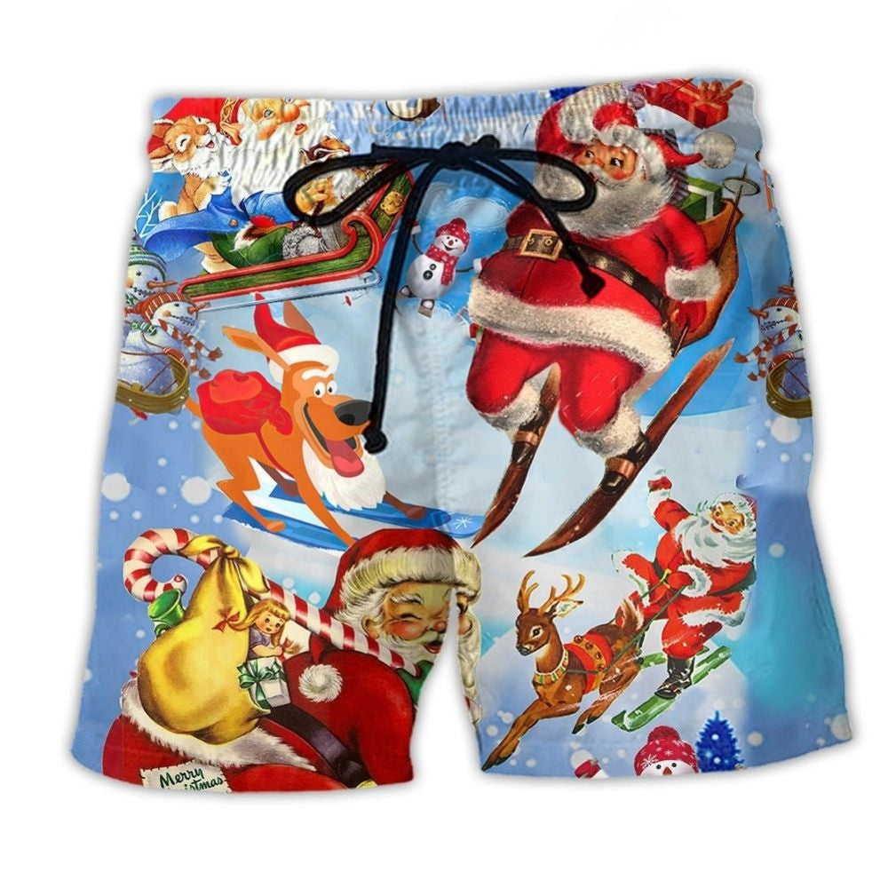 Skiing Santa Christmas Beach Shorts Artwork Detail For Christmas Trips And Gifting