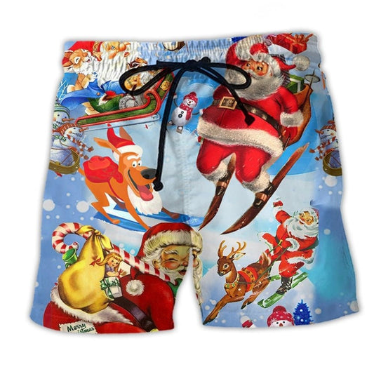 Skiing Santa Christmas Beach Shorts Artwork Detail For Christmas Trips And Gifting