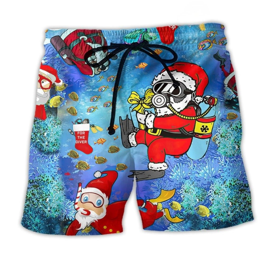 Diving Santa Christmas Beach Shorts Pattern View For Weekend Trips And Outdoor Activities