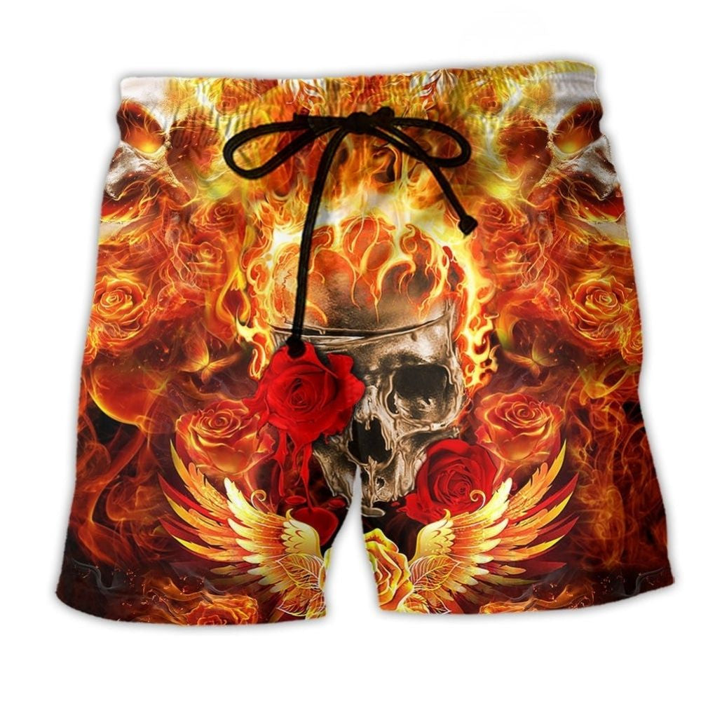 Skull Rose Flaming Fire Beach Shorts Design Detail For Coastal Escapes And Daily Wear