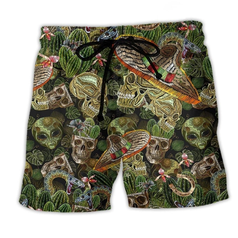 Skull Green Cactus Beach Shorts Artwork Detail For Coastal Festival Trips