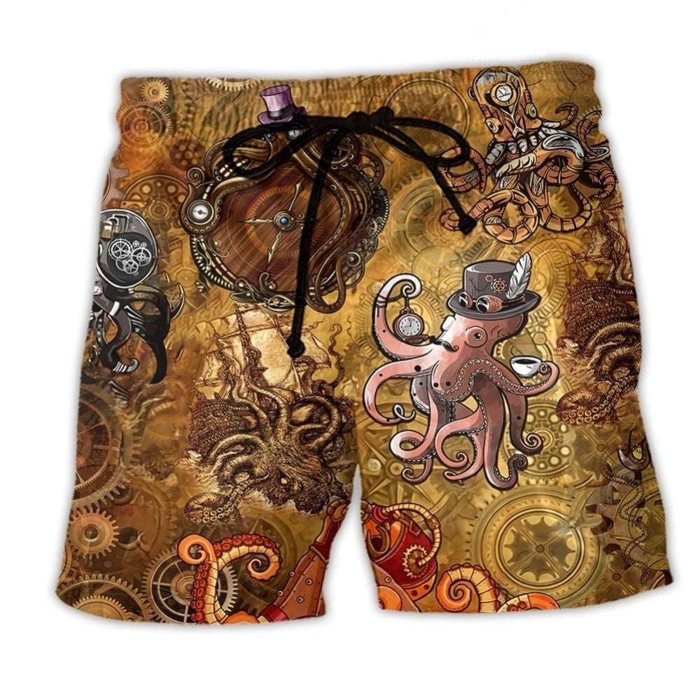 Octopus Steampunk Retro Beach Shorts Artwork Detail For Casual Warm Weather Outfits