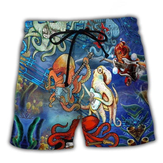 Octopus Rocktopus Humor Beach Shorts Artwork Detail For Casual Warm Weather Outfits
