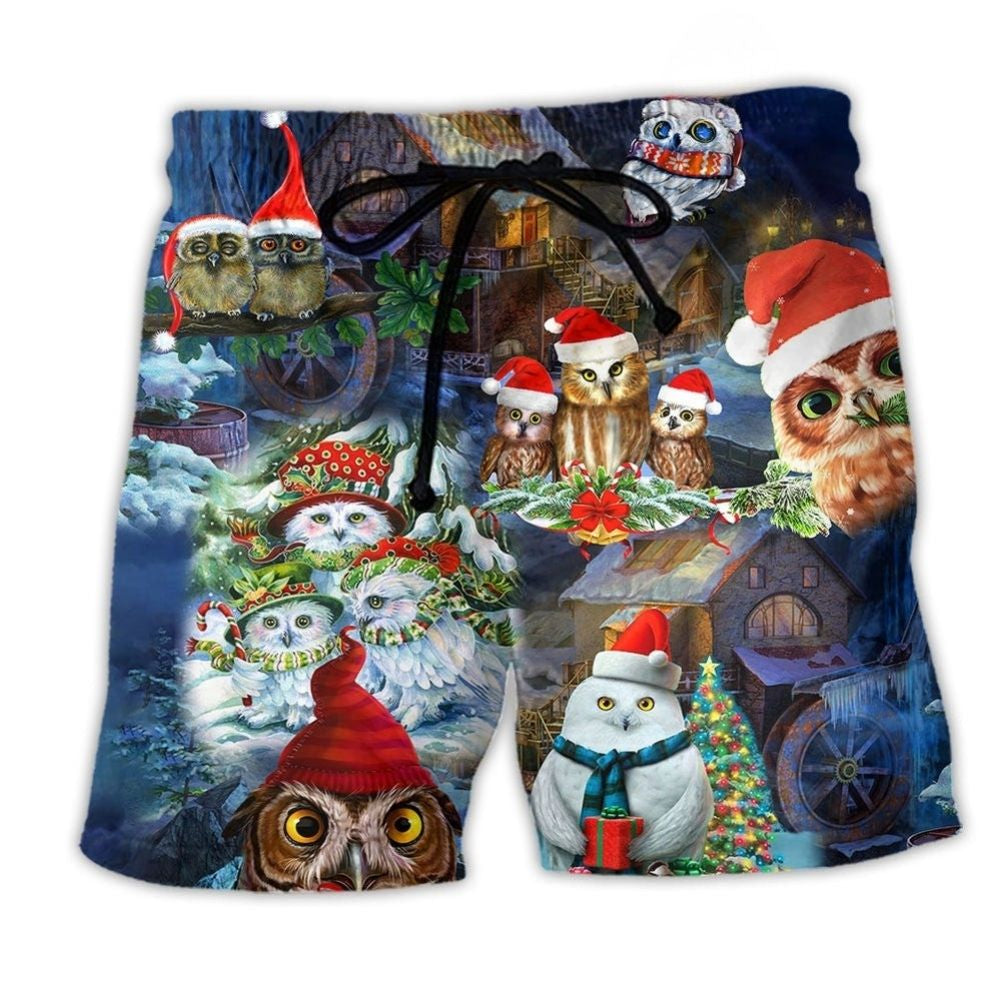 Owl Christmas Cute Beach Shorts Pattern View For Weekend Trips And Outdoor Activities