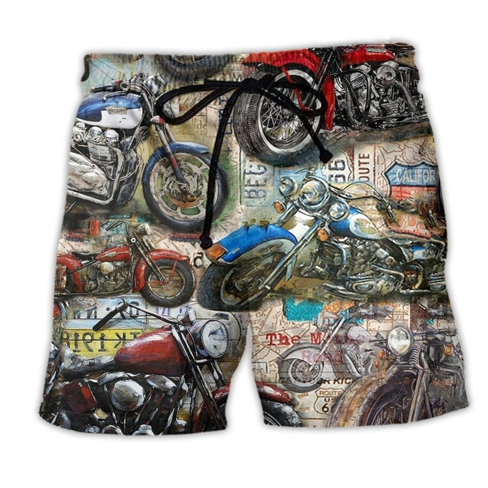 Vintage Motorcycle Beach Shorts Pattern View For Relaxed Vacation Styling