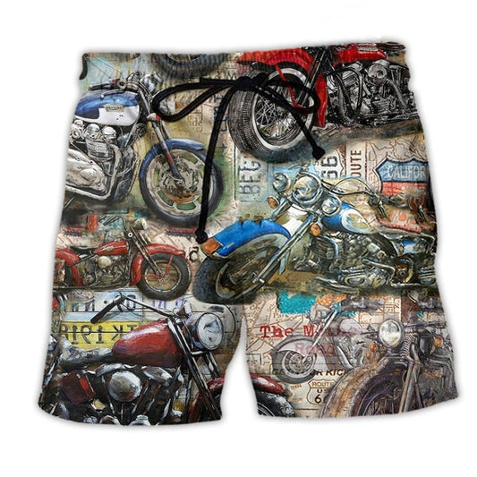 Vintage Motorcycle Beach Shorts Pattern View For Relaxed Vacation Styling