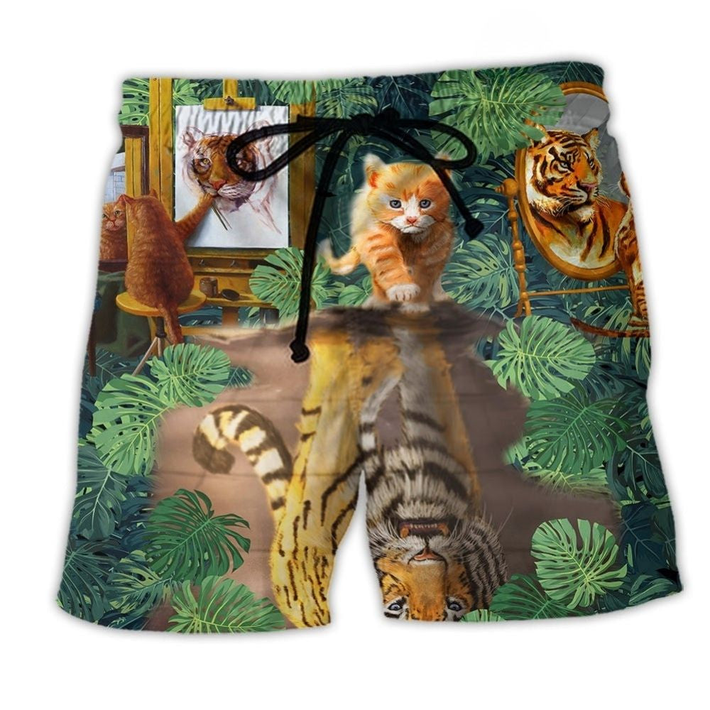 Cat Tiger Tropical Leaf Beach Shorts For Summer Vacations And Weekend Casual Style