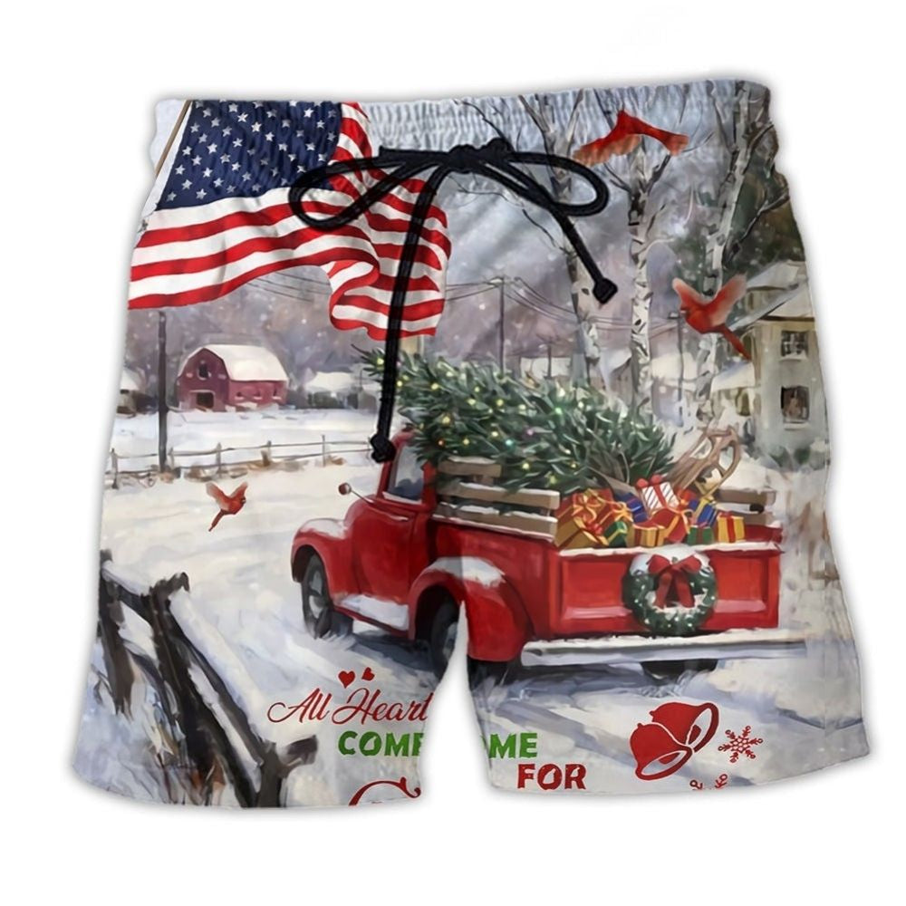 Christmas Cardinal Truck Home Beach Shorts For Vacation Travel And Comfortable Resort Style