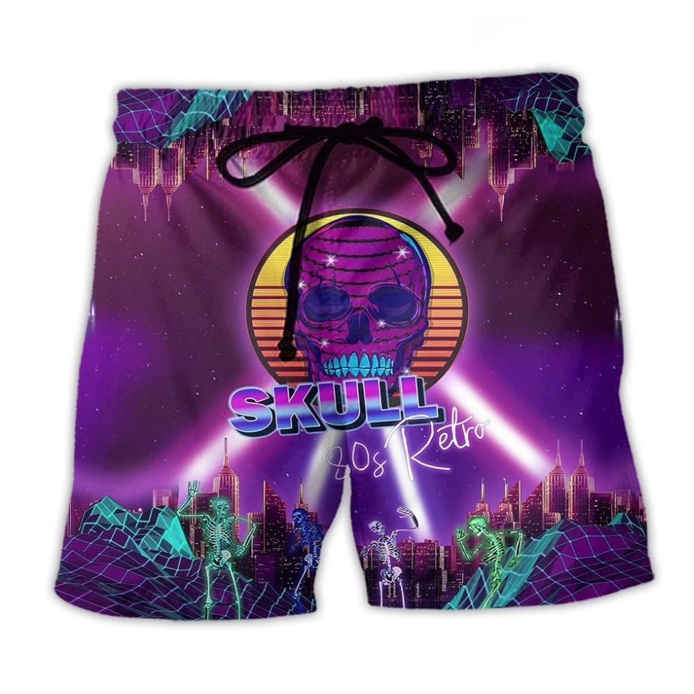 Retro Skull 80s Beach Shorts For Warm Weather Outings And Comfortable Daily Wear