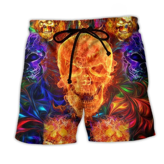 Fire Skull Beach Shorts For Summer Vacations And Warm Weather Wardrobe