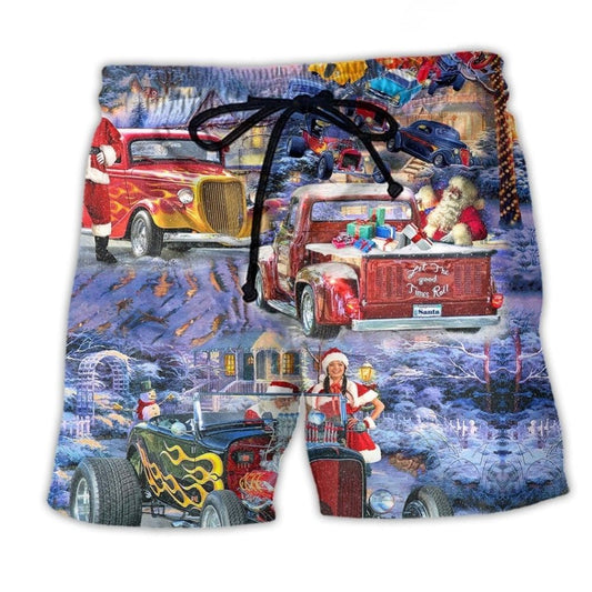 Hot Rod Merry Christmas Snow Beach Shorts For Coastal Road Trips And Comfortable Resort Style